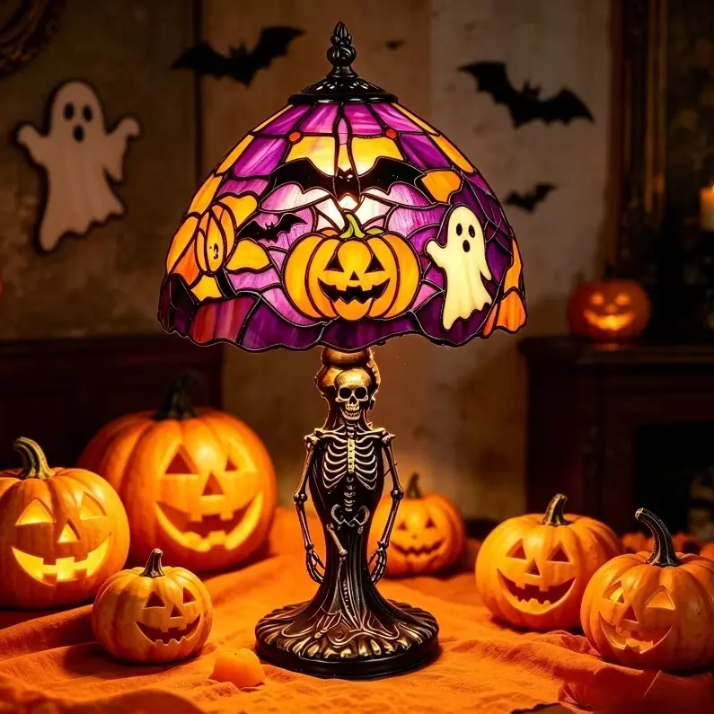 Halloween Stained Glass Table Lamp, Spooky Skeleton Base with Pumpkin & Ghost Lampshade, Vintage Gothic Night Light for Desk, Bedroom, Living Room, Indoor Home Party Decor, Unique Spooky Season Lighting Gift