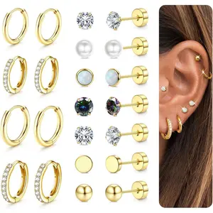 CASSIECA 11Pcs Hoop Earring Sets for Women, Small Flat Back Surgical Stainless Steel Metal Coating Studs, Hypoallergenic Gold Plated Earring Stack for Sensitive Cartilage