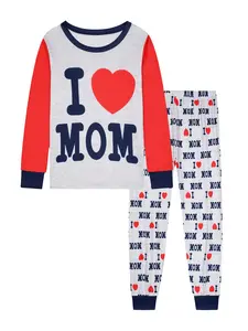 Heart Letter Print Cute Colorblock Round Neck Spring Fall Thin Long Sleeve Pants Sleepwear Set, Fitted Home Wear, Pajama Set