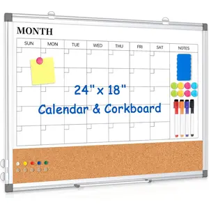 Double-Sided Monthly Calendar Dry Erase Whiteboard & Cork Bulletin Board Combo, 24" x 18" Portable Wall Board for Office, Kitchen, School, Home