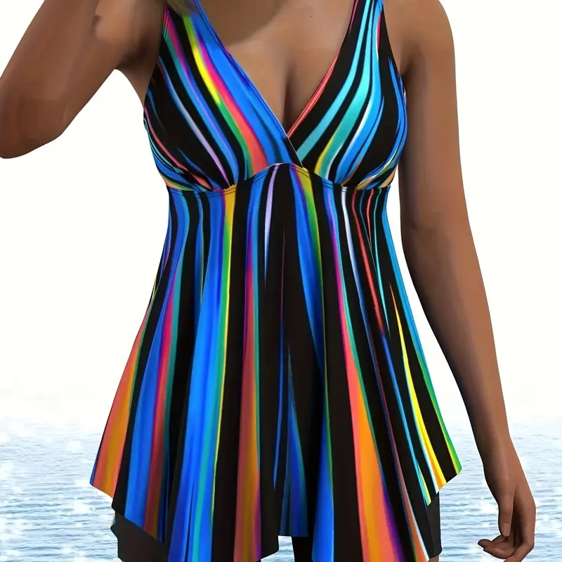 Women's Plus Size Striped Print Swimdress Set, Casual Fitted Beach Cover-Up, All Seasons Swimwear for Summer Beach, Sleeveless Swim Dress, Beach Swimwear Clothes
