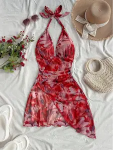 Summer Sexy Romantic Holiday Mini Skirt, Women's Ancient Style Halter V-Neck Lace Asymmetric Edge Mini Dress