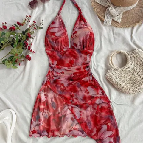 Summer Sexy Romantic Holiday Dress, Women's Vintage-Inspired Halter V-Neck Sleeveless Floral Mini Dress with Asymmetrical Hem, Floral Backless Dress, Floral Prints Dress, Floral Design Dress