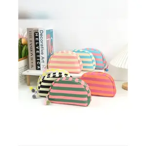Striped Shell Storage Bag High Aesthetic Dopa Makeup Bag Makeup Organizer Pouch Travel Fashion Simple Portable Wash Bag, Casual Plaid Pattern, All Seasons
