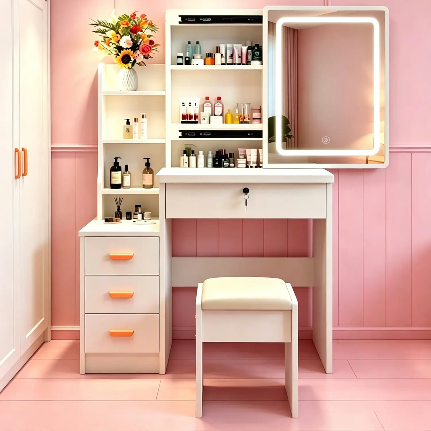 Modern White Makeup Vanity Set with LED-Lit Mirror, Storage Bedroom Table and Cushioned Stool - Ideal for Teens, Adults for Home Dressing Rooms/Bedrooms