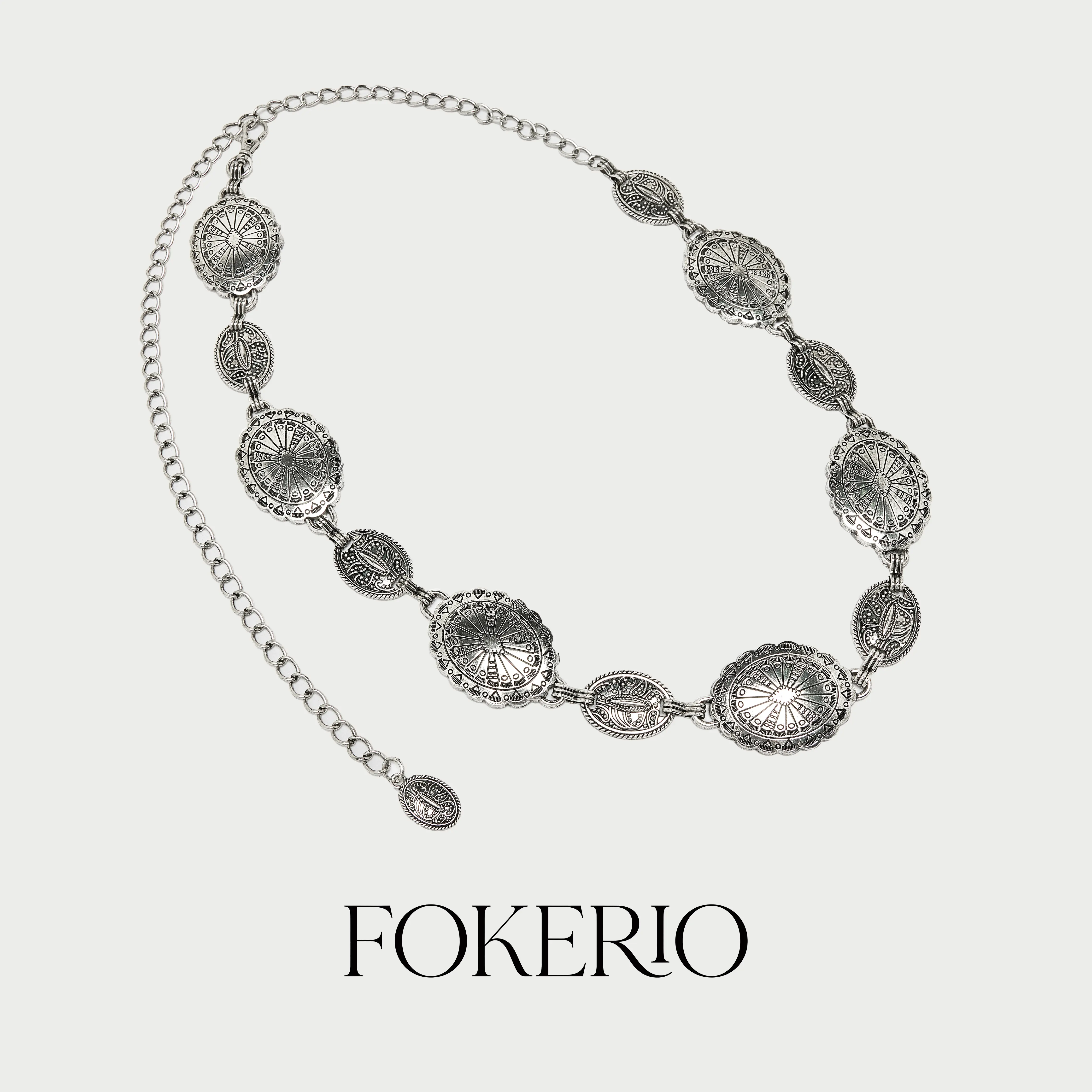 FOKERIO Women's Western Boho Chain Belt Vintage Silver Concho Waist Chain Belt for Dresses Loose Shirts Women's Belts for Dresses Cowgirl Accessory