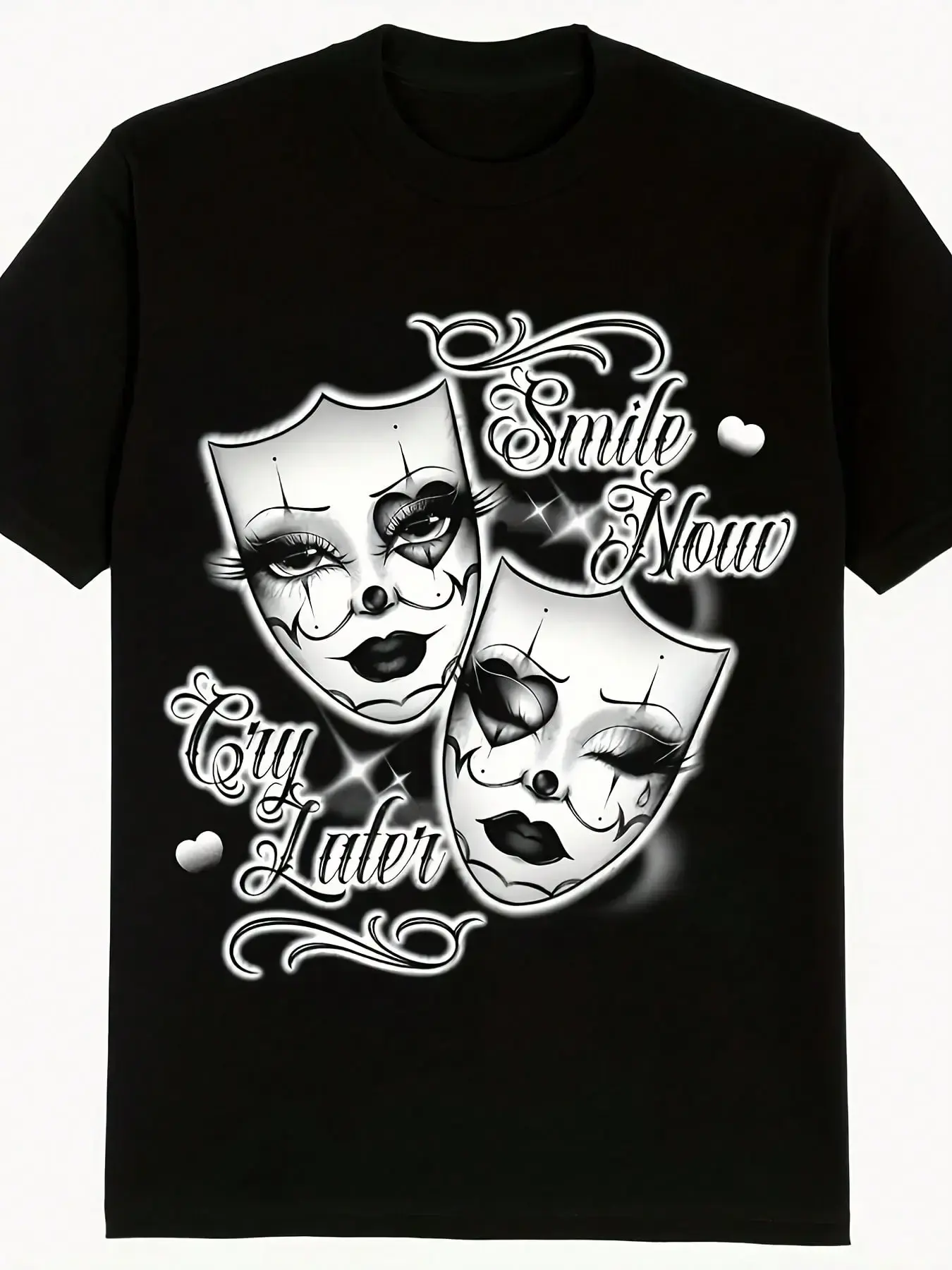 Women's Cotton Short-Sleeve Round Neck T-Shirt - Smart Casual, Sporty, Athletic Style with Smile Now Cry Later Clown Mask Print, Denim-Inspired Design, Light, Shortsleeve