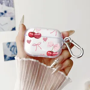 Cherry Whimsy Pattern TPU Soft Protective Case for Apple AirPods 4/3/2/1/Pro/Pro2 Transparent Earphone Cover with Keychain Attachment