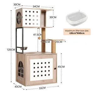 Multi-Functional Cat Tree with Litter Box - Includes Removable Washable Cushion, Scratching Posts & Toy Hanger, Modern Design