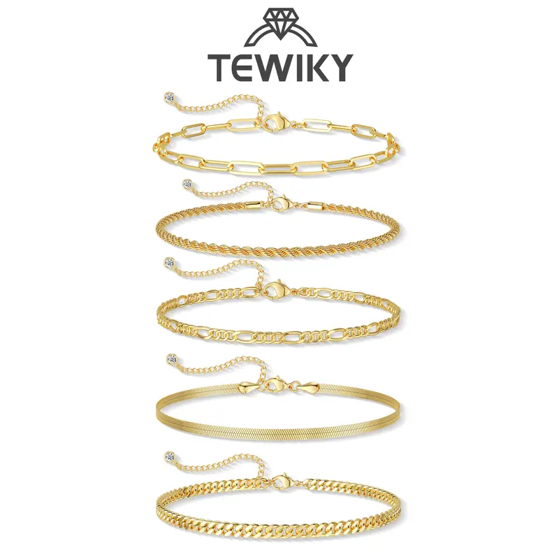 Tewiky Women's Stackable Cuban Link & Paperclip Bangles Bracelets Set - Waterproof, Thin Dainty, Bling Casual Jewelry for Women, 2.5in Extender, Accessories Adults Female, Fashion Gift for Maximalist Enthusiasts