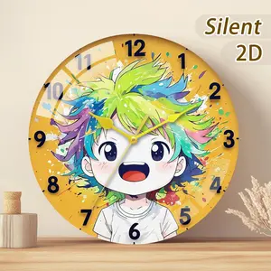 Glass/wooden Creative Clock Gift, Happy Cartoon Character with Colorful Hair, Battery Driven, Modern Style, Home Decor, 20-35cm Size