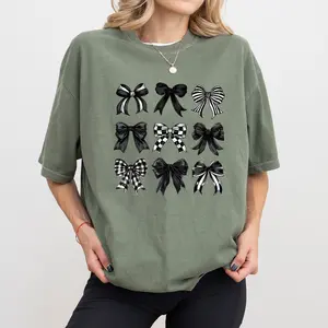 MAPTEES Coquette Black Checkered Bow Comfort Colors Shirt, Dark Coquette Halloween Graphic Tee, Gothic Bows Halloween T-shirt, Girly Spooky Season Tee