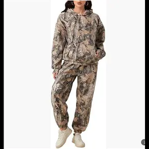 Women's camouflage sweatshirt set 2-piece camouflage hoodie maple leaf print oversized sweatshirt casual set