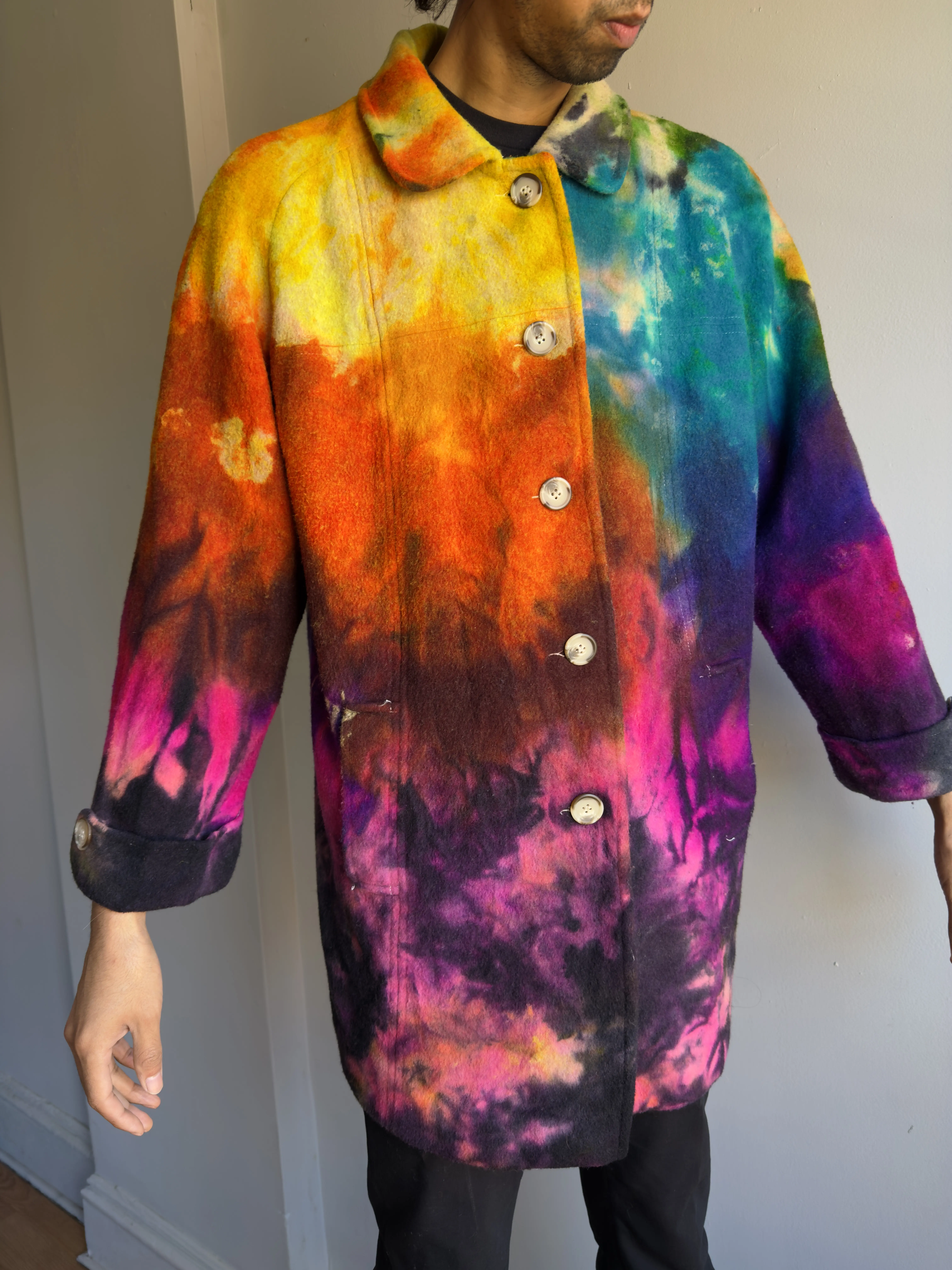 Size 14 Dark Rainbows Oil Slick Tie Dye Peacoat Wool Oversized Vintage Style Jacket