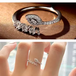 Silver 925 Baby Snake Open Ring for Her with Clear Gemstone Accents and Simple Design size 6