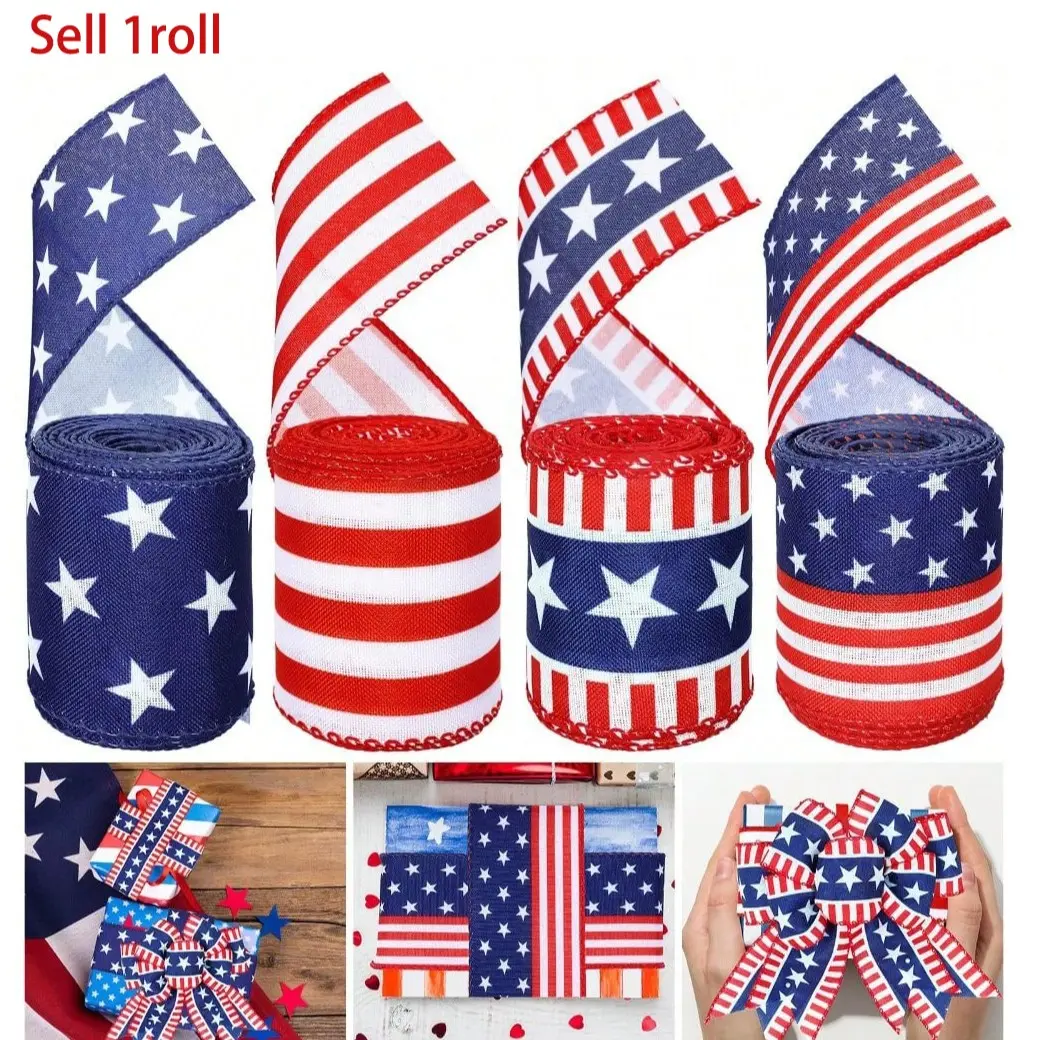 1roll July 4th Wired Edge Ribbon Patriotic Wired Ribbon USA Flag Stars Stripes Ribbon For Independence Day Memorial Day Gift Wrap Wreath Bow Craft Party Decor，party decoration，party supplies, Gift Wrapping Ribbon