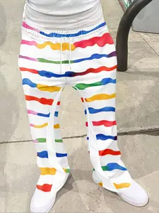 Men's Vintage Bohemian Flared Harem Pants, Fashion Drawstring Wide Leg Jeans, Street Style Geometric Patchwork Long Pants for All Seasons