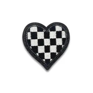 Black Checkered Heart Embroidered Patch - Iron-On Applique