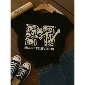 1pc Women's MTV Logo Skull & Bones T-Shirt - Iconic Music Television Iconic Logo Print, Black & White Retro Tee for Casual Wear, MTV-Themed Parties & Gifts (Machine Washable) - Nostalgic 80s Inspired Design Large-sized T-shirt, loose fit, comfortable, dur