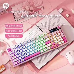 HP K500F Wireless Keyboard, Tri-Mode Bluetooth 5.0/2.4GHz/USB-C Wired, RGB Backlit Cute Gaming Keyboard with Volume Knob, 3000mAh Rechargeable Membrane Keyboard for PC Windows, Pink