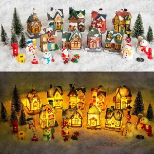 Vinsot 30 Pcs Christmas Village Sets Light Up Christmas Town LED Tiny Resin Village Figurines Collection Display Xmas Table Decor Ornaments