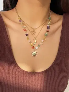 Boho Style 3-Piece Multi-Layer Necklace Set, Colorful Beaded Pendants, Star Moon Sun Charms, Perfect for Daily Wear, Gifts for Women