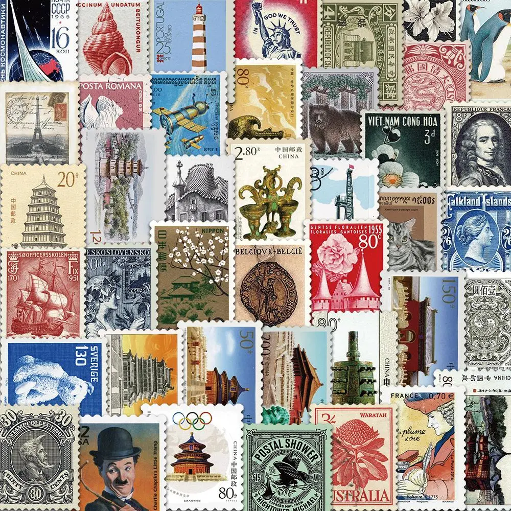 Vintage Postage Stamp Design Sticker, 64pcs/set Retro Postage Stamp Sticker, DIY Decorative Sticker, Sticker Collage Pack, Includes Sticker, Aesthetic Stickers for Phone, Computer, Guitar, Bag, Water Cup, Stickers Kit