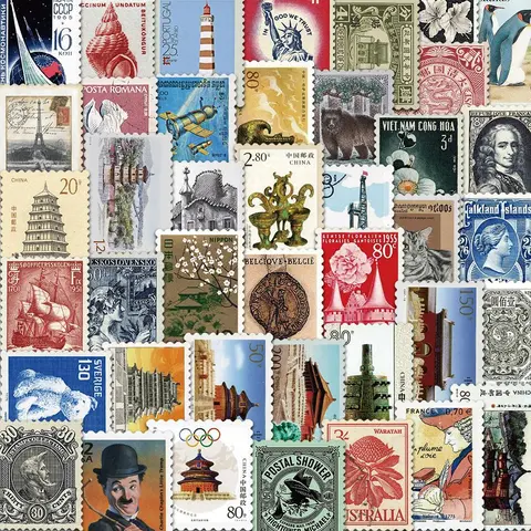 Vintage Postage Stamp Design Sticker, 64pcs/set Retro Postage Stamp Sticker, DIY Decorative Sticker, Sticker Collage Pack, Decal Set, Includes Sticker, Aesthetic Stickers for Phone, Computer, Guitar, Bag, Water Cup, Stickers Kit