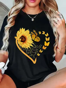 100% Cotton Sunflower Butterfly Heart Summer Floral Girls Women T-Shirt