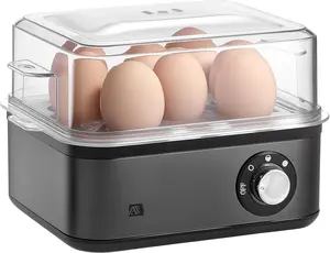 Electric Egg Cooker, Stainless Steel 8 Egg Capacity egg boiler, 500W, Hard, Medium, Soft Boiled Egg Poacher, egg steamer, Multi-function, Knob Auto Shut-Off Function (Black)