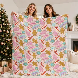 Soft Flannel Christmas Throw Blanket – Cute Gingerbread Man & Candy Cane Print, Lightweight Warm Blanket for Holiday Season Decor