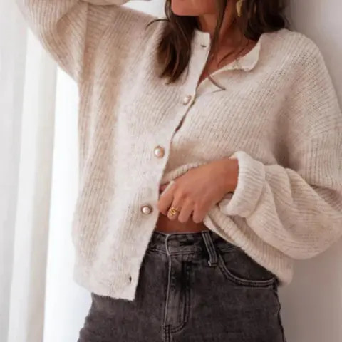 Women's Elegant Beige Cardigan with Pearl Buttons, Soft Long Sleeve Knit Sweater for Office & Date, Casual, Ladies Chic Crew Neck Jumper, Knitwear, Autumn Sweater Cardigans