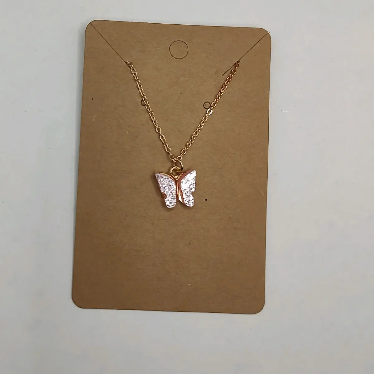 Light Pink Glitter Butterfly Necklace with Gold Chain, Simple Design, Elegant Jewelry for Everyday Wear