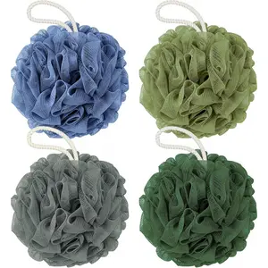 Shower Loofah Bath Sponge, 60G Loofah Exfoliating Body Scrubber, 4 Color Mesh Shower Pouf Balls for Body Wash (Blue Gray Green Dark Green)