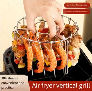 Air Fryer Skewer Rack - Vertical Rotisserie Stand for Even Cooking, No Flip Needed - Fits Most Air Fryers, Kabob Grill Accessory for Chicken, Meat, Veggies - Food Safe & Durable Glove Reusable Set Silicone Stainless Steel Utensils Bbq