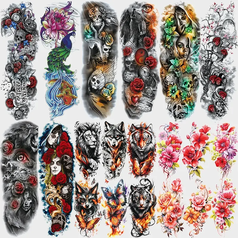 20 Large Temporary Tattoo Stickers, Includes Wolf Rose Skull Full Arm & Leg Art, Waterproof 3D Lion Butterfly Half Arm Tattoos