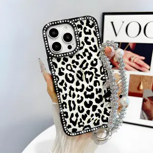 Black Leopard Pattern Bling Glitter Phone Case with Sparkle Rhinestone Diamond , Airbag Anti-Fall Crystal Cover for iPhone 16 15 14 13 12 Pro Max Plus