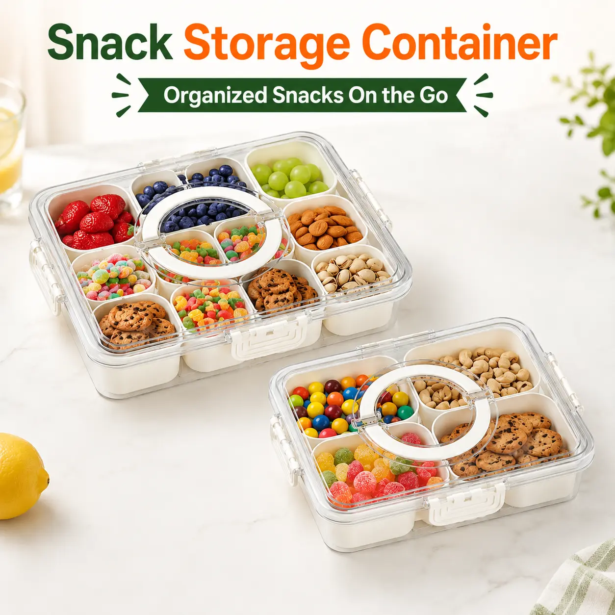 Arthink 8-Compartment Portable Snack Organizer Tray with Lid & Handle - Fridge Organizers, Snack Containers for Fruit, Nuts, Candy | Mid-Year Sale