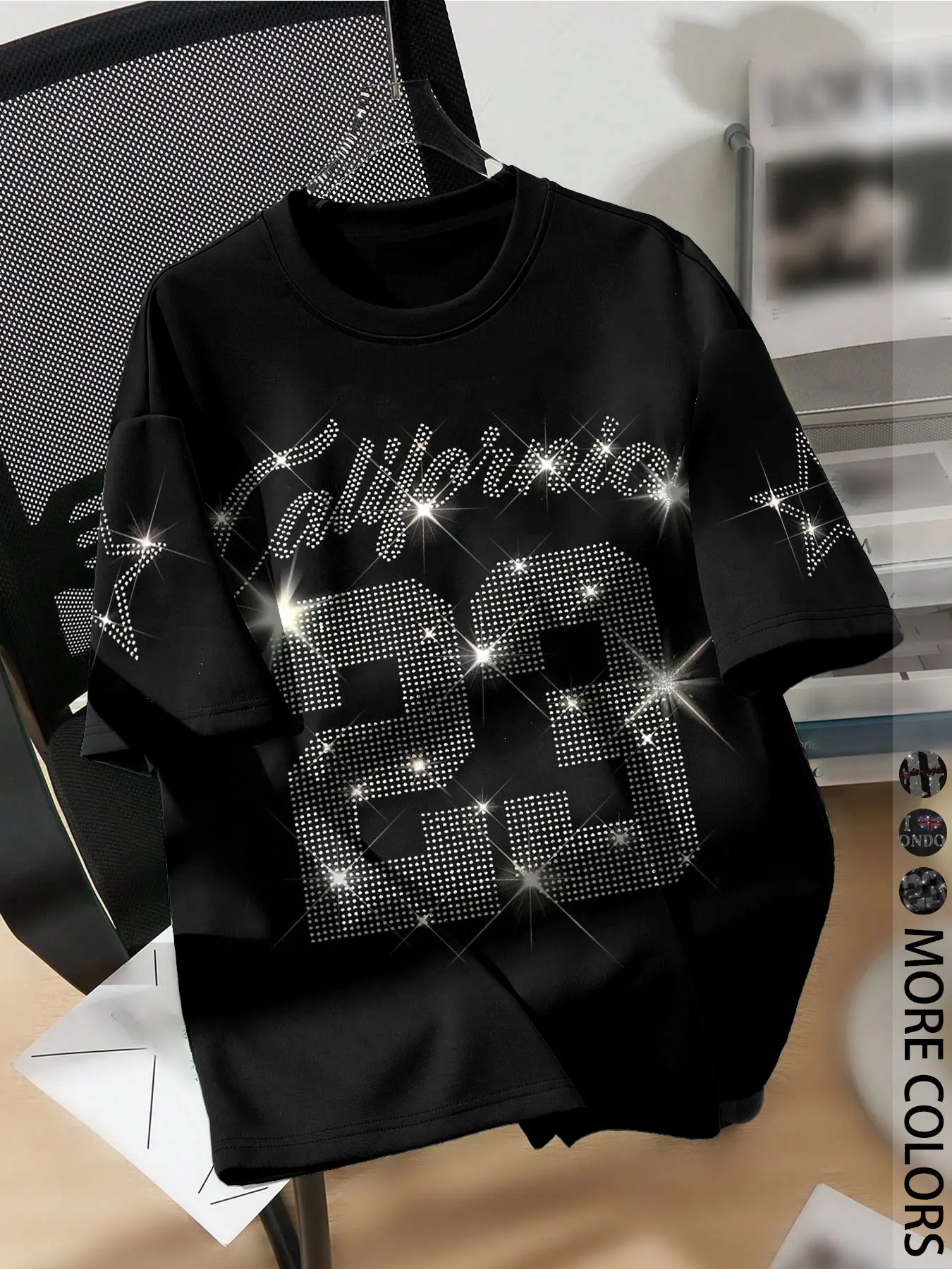 Unisex Short Sleeve Fitted Round Neck T-Shirt, Artwork Tee, Rhinestone Letter Graphic Print, Casual Summer Wear, Clothes
