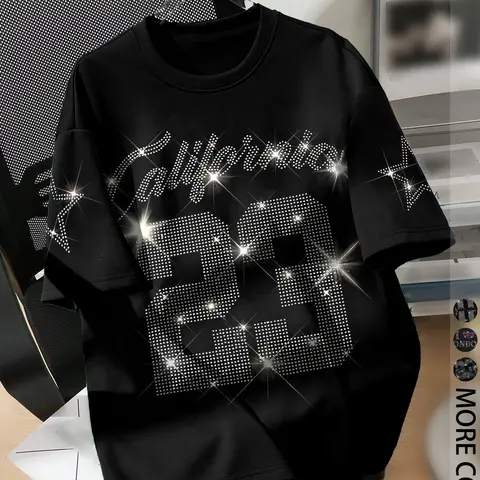Unisex Short Sleeve Fitted Round Neck T-Shirt, Streetwear Graphic Tees, Rhinestone Letter Graphic Print, Casual Summer Wear, Clothes