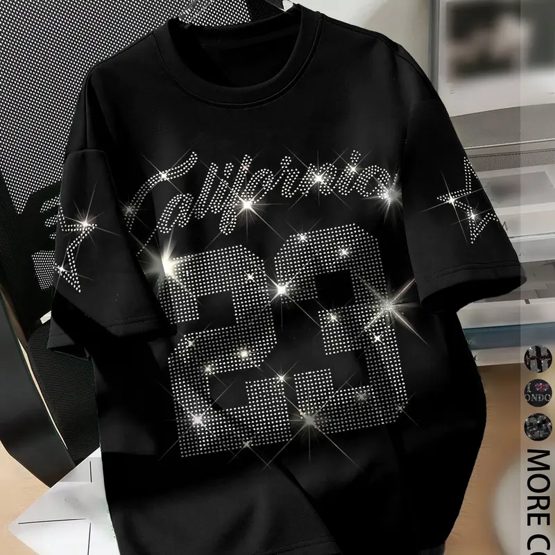 Unisex Short Sleeve Fitted Round Neck T-Shirt, Streetwear Graphic Tees, Rhinestone Letter Graphic Print, Casual Summer Wear, Clothes
