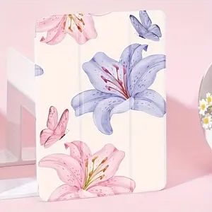 Pink and purple lily flower pattern, with adjustable stand and pencil holder , foldable non-slip TPU protective case, suitable for Samsung, iPad mini, iPad Air, iPad Pro/iPad 10th generation, 11th generation and other iPad series protective cases.
