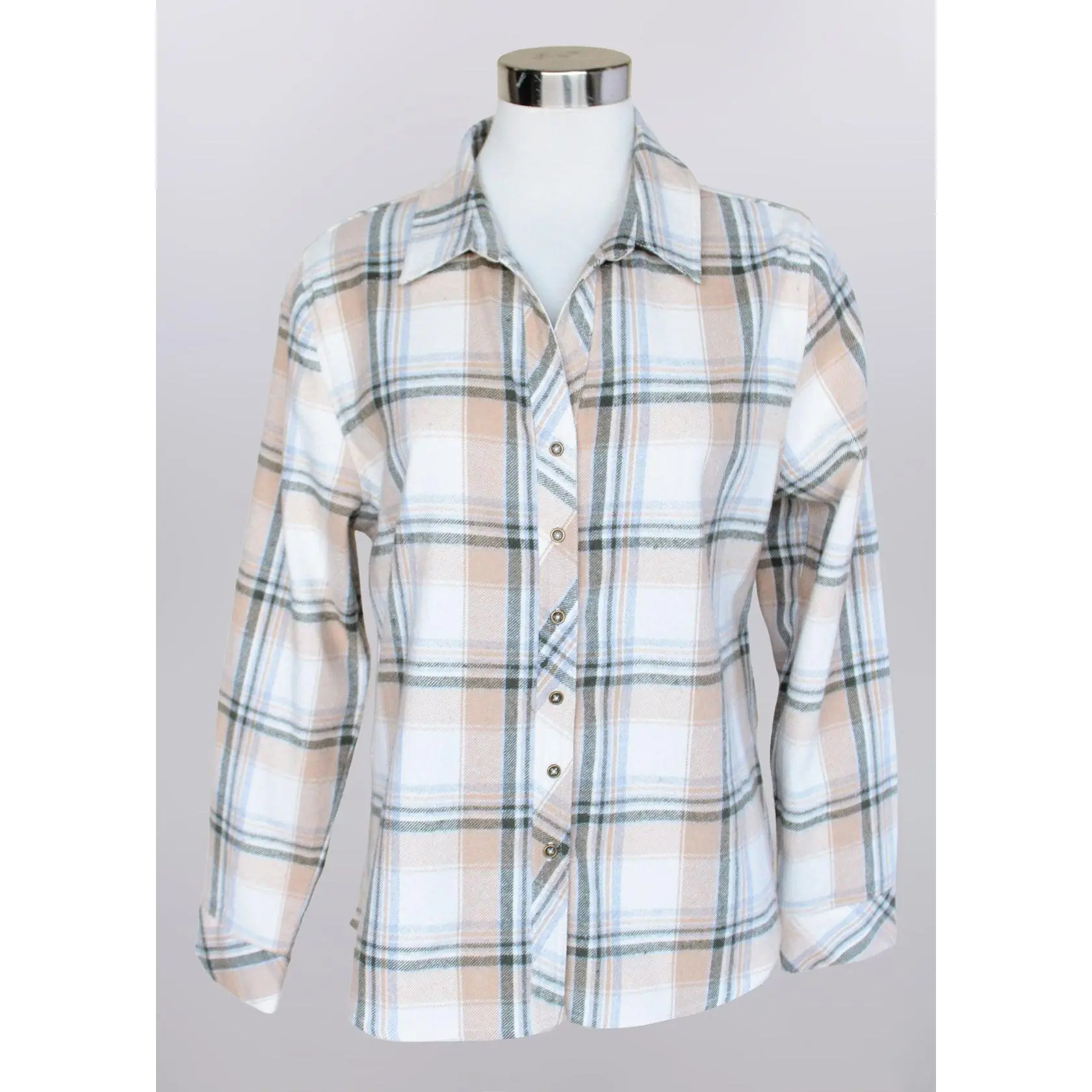 SHIRT *MISSY* TAN MULTI PLAID ROLL TAB BUTTON BACK LONG SLEEVE