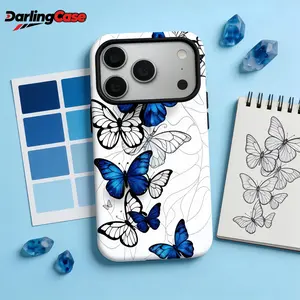 DarlingCase Blue Butterfly Sketch Phone Case for iPhone 17 Phone 16 Case iPhone 15 14 13 Pro Max Phone Case Aesthetic Cute Glossy Shockproof TPU PC Artistic Protective Cover for Women