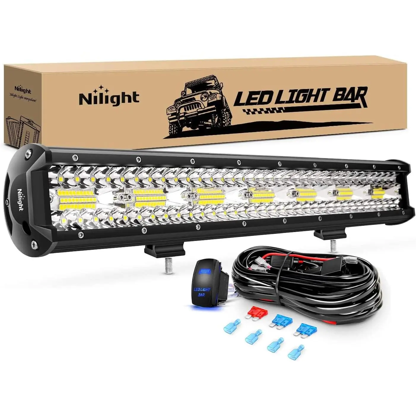 20 Inch 420W LED Light Bar Triple Row Flood Spot Combo 42000LM Driving Boat Led Off Road Lights with 12V On/Off 5 Pin Rocker Switch 16AWG Wiring Harness Kit, 2 Years Warranty