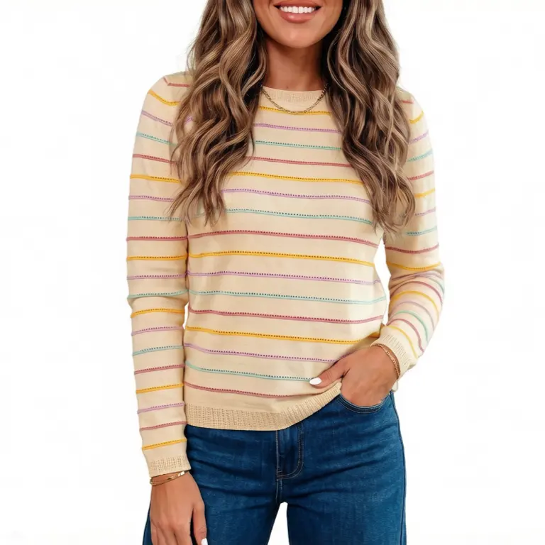 Asvivid Women Autumn Knitwear Striped Long Sleeve Round Neck Sweater Regular Fit Top Soft Knit Pullover Casual Daily Wear Womenswear