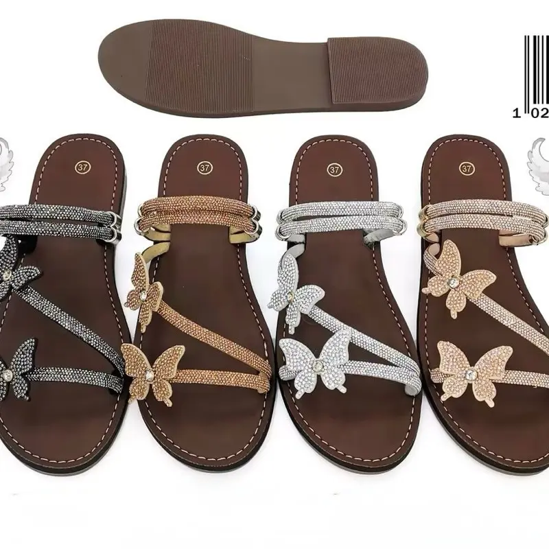 12 Pairs Women’s Fashion Sandals Set – Stylish Rhinestone Butterfly & Casual Flat Slides Collection 4 Colors , size mixed