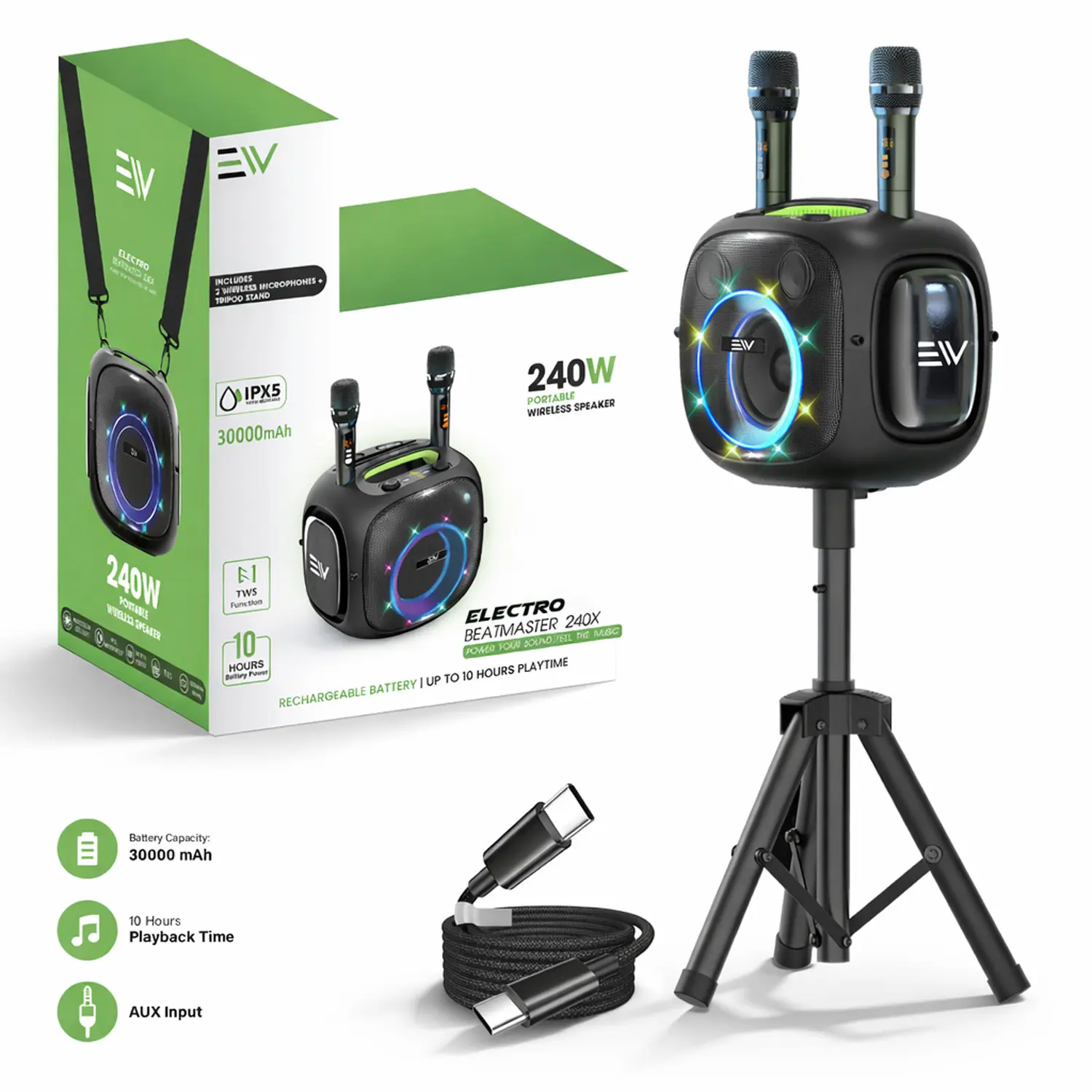 Electronic World 240W Portable Bluetooth Party Bass Speaker with 2 Wireless Mics, RGB LED Light, TWS Stereo Pairing, 3000mAh Rechargeable Batteries, USB Type-C Cable, Water-Resistant Metal Build, Phone & Tablet Compatibility