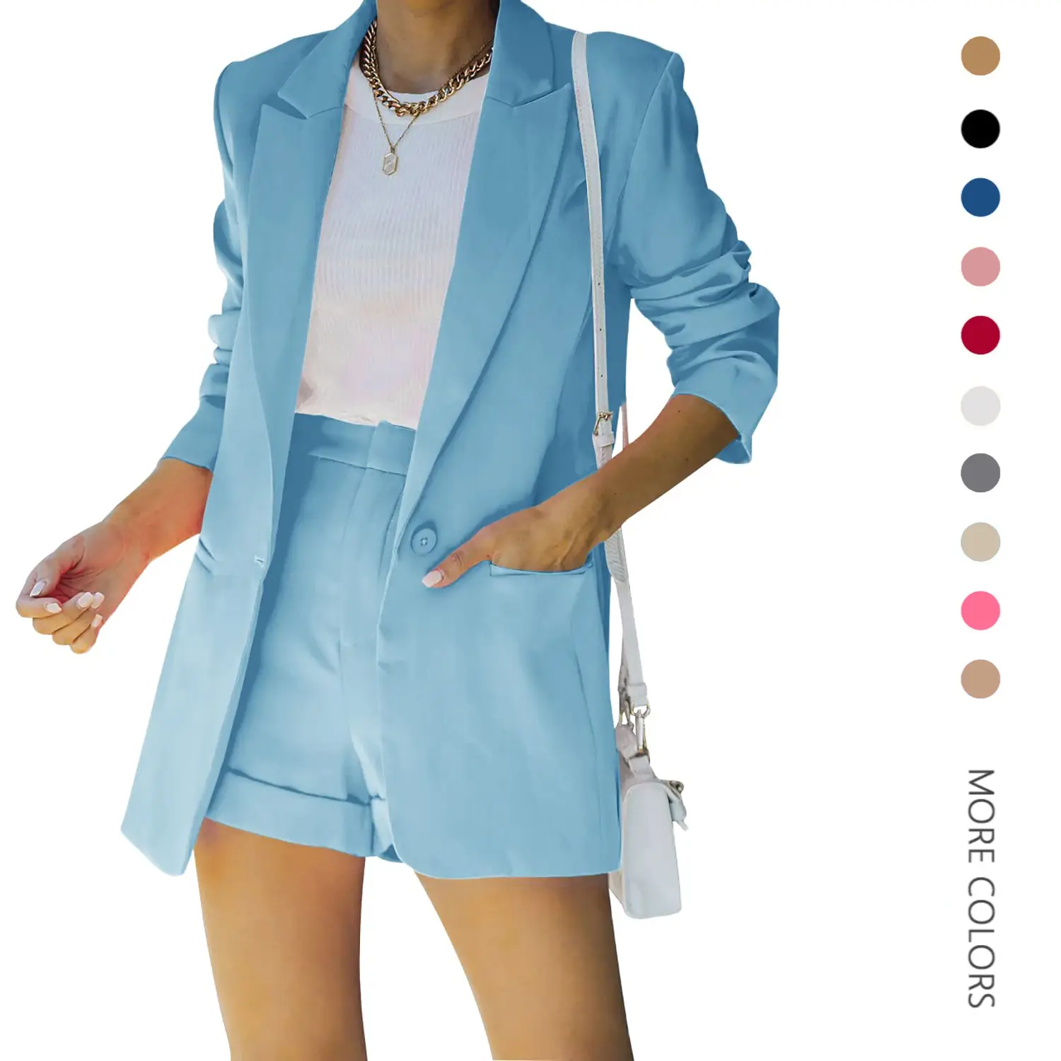 Women's Elegant Lady 2-Piece Suit Set - Solid Long Sleeve Notched Collar Blazer, Matching Shorts for Business Casual Office Wear, Polyester, Slip, Button, Basic, Chic, Formal, Longsleeves, Two Piece Sets