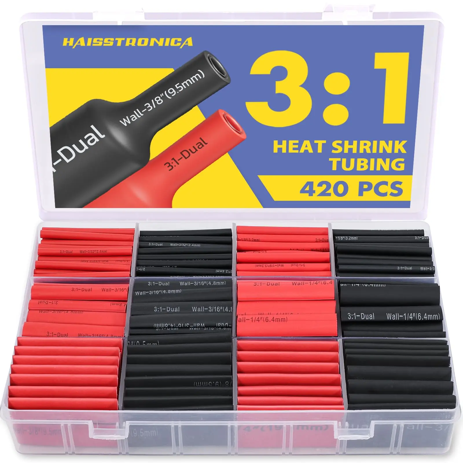 Haisstronica 3:1 Adhesive Lined Heat Shrink Tubing Kit - 3:1 Coverage, 220 Pcs, 6 Sizes (1/8"-3/4"), 1.75 in Length, Marine Resistant, Black/Red, Cable Installation/Cord Organization, No Excess Waste, Home and Industrial Use, 3:1 Heat Shrink Tubing